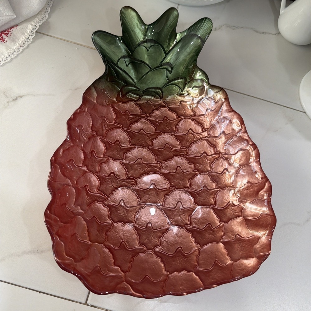 Medium Pineapple Glass Serving Platter Bronze Green Tropical Decor Tray MCM